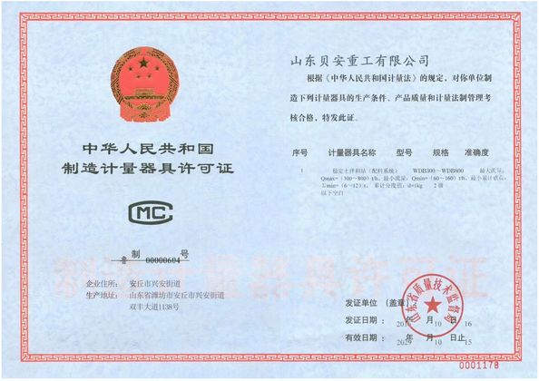 Chiny Shandong Beian Heavy Industry Co.,Ltd Certyfikaty